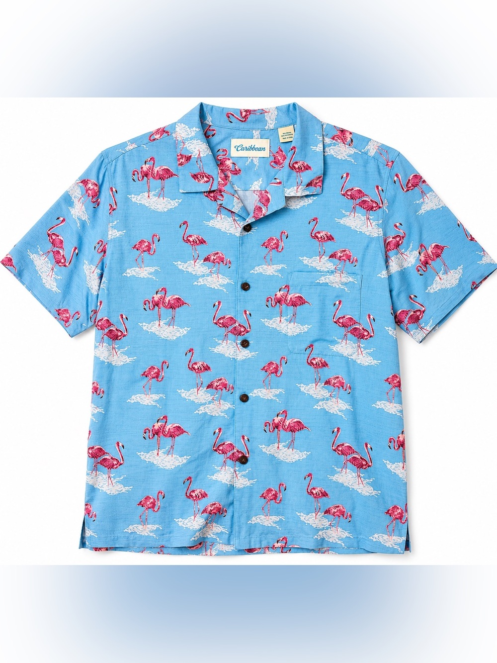 Caribbean Flamingo Print Camp Shirt Blue Tropical Hawaiian Button Front Resort